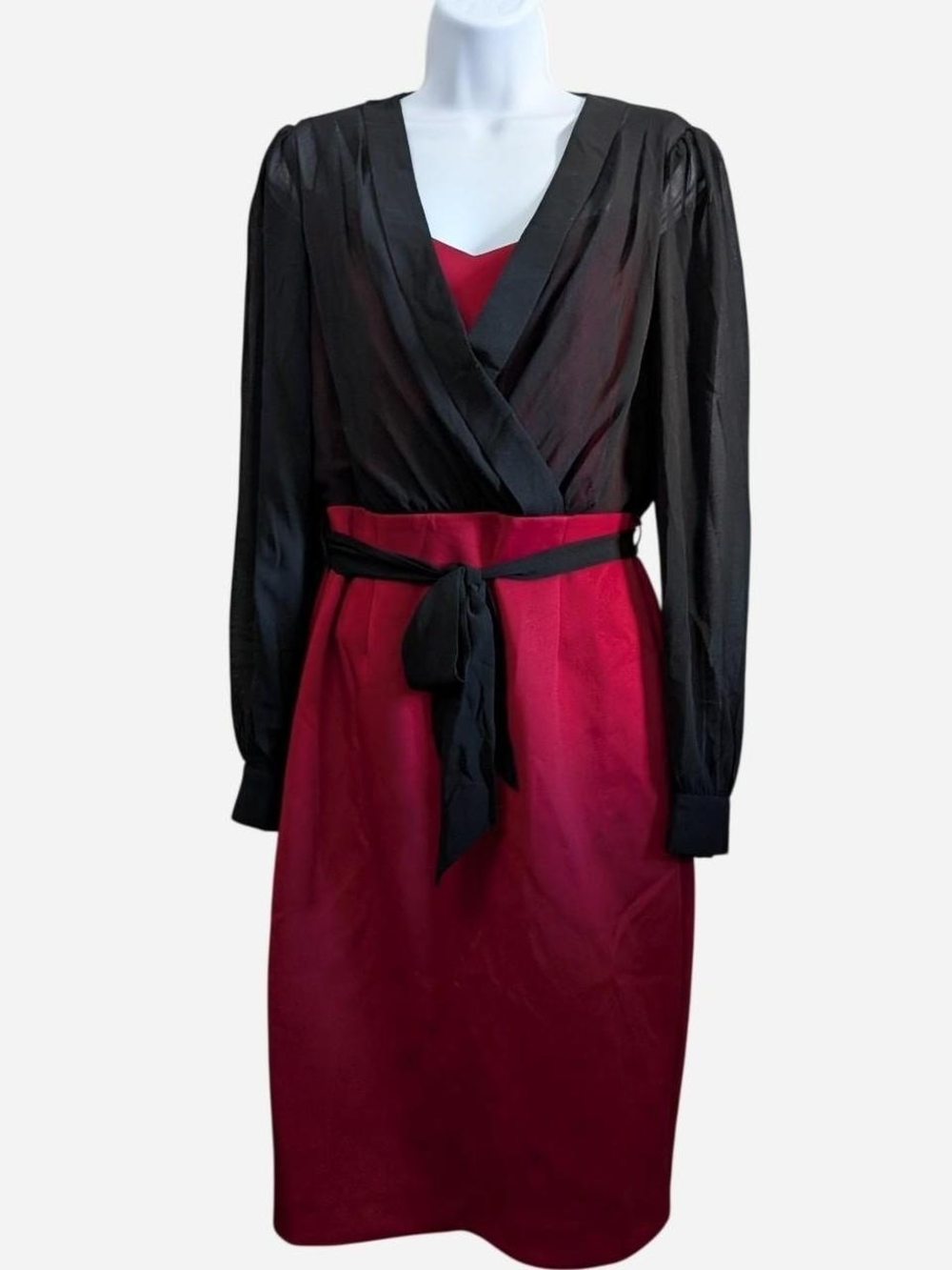 Two-Tone Black & Burgundy Wrap Dress with Tie Waist